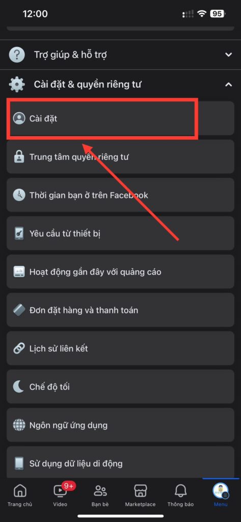 Vào cài đặt facebook