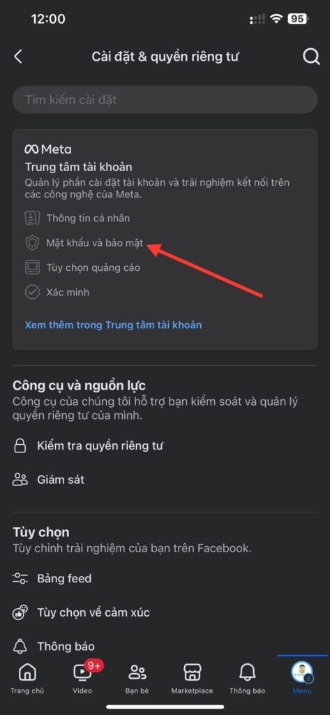 Vào mật khẩu và bảo mật