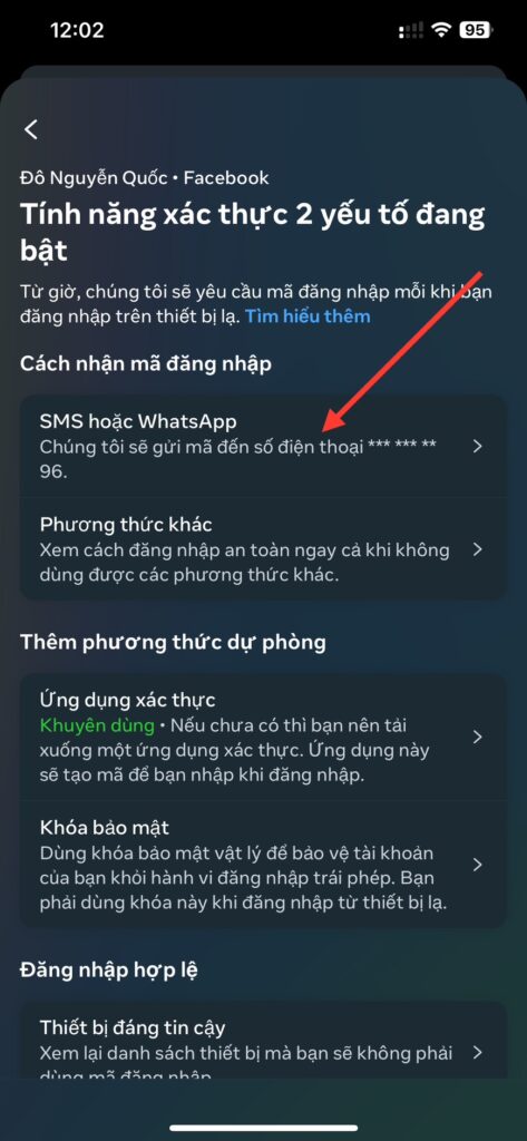 Chọn phương thức nhận mã otp