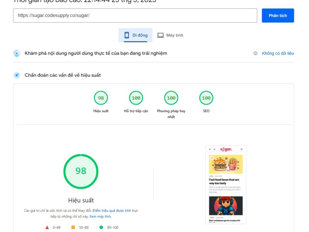 Tốc độ tải trang của theme sugar